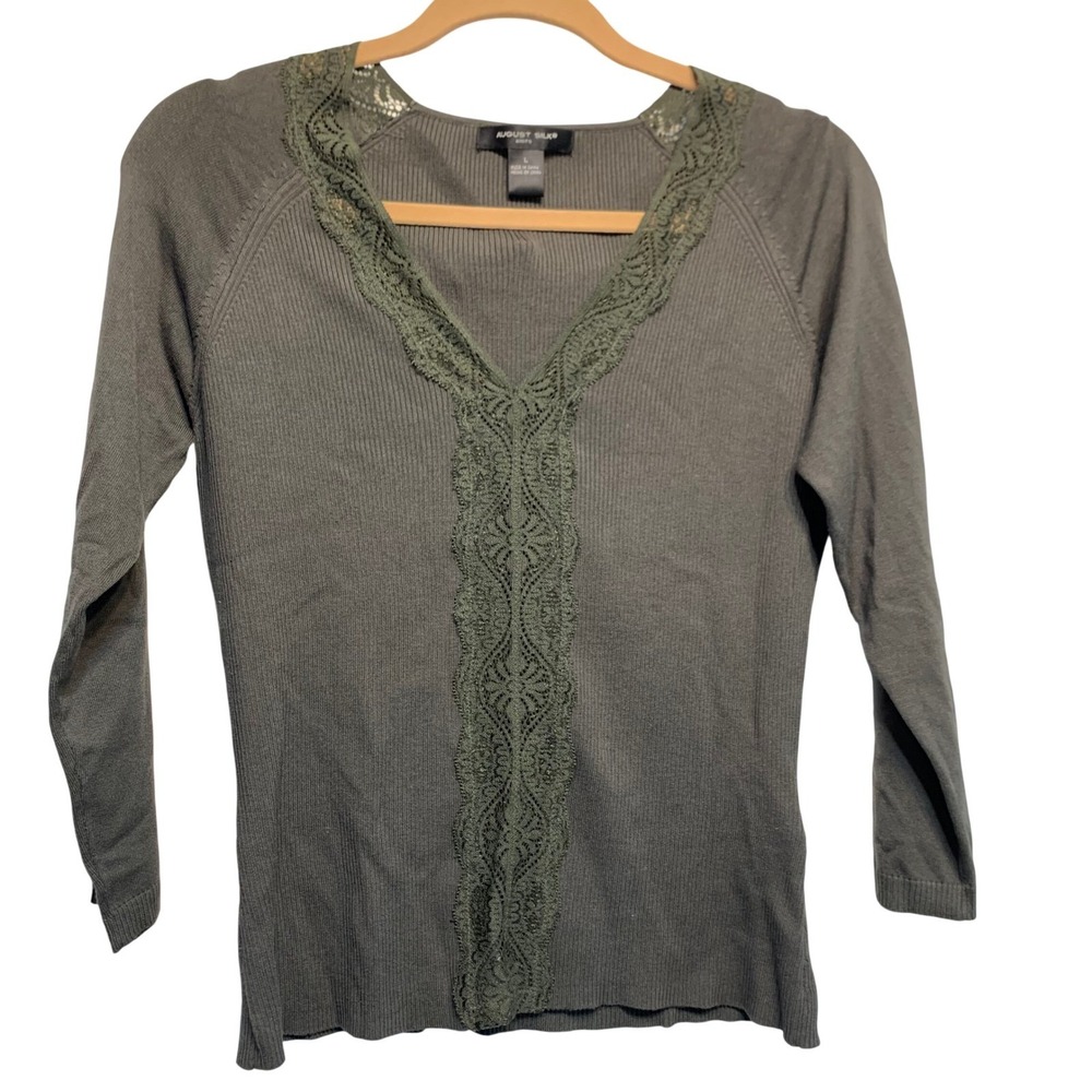 August Silk Knit Sweater Large Olive Green Lace Fairycore Romantic Dark Academia